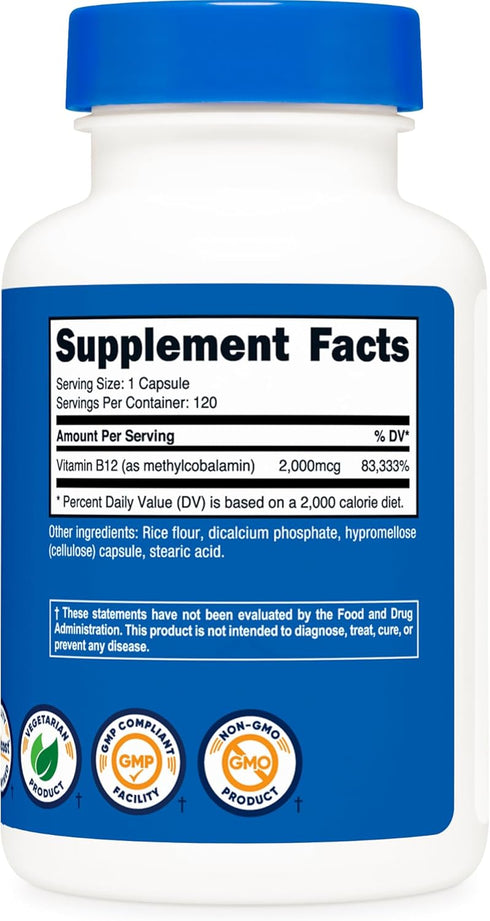 Nutricost Vitamin B12 (Methylcobalamin) 2000mcg, 120 Vegetarian Capsules, Non-GMO, Gluten Free