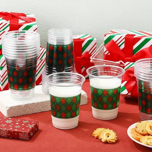 Tiangrid 100 Pack 16 oz Red and Green Plaid Plastic Cups Disposable Checkered Spring Party Cups Bulk for Picnic Rustic