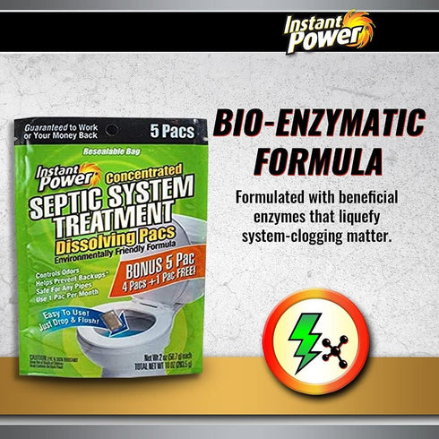 Instant Power Concentrated Septic System Treatment - Dissolving Pacs, Controls Odors, Safe on Pipes, 5 Pacs