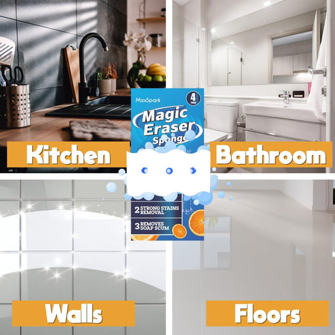 MaxSpark 4 Pack Magic Eraser Sponges Thick Melamine Cleaning Sponges for Walls, Kitchen, Bathroom & Floors White Magic