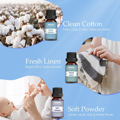 Clean Essential Oils Set - ARVIDSSON Premium Fragrance Oil for Clean Home, Soap Making - Clean Cotton, Fresh Linen