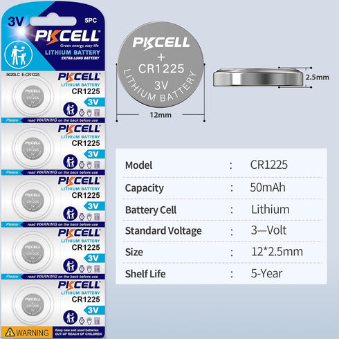 PKCELL CR1225 3V 1225 3V 5-Year (5 Count) Lithium Battery CR Button Batteries for Thermometer Shelf Life