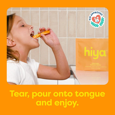 Immune 2+, 0g 20 Packs Hiya Kids Support Vitamin C, Elderberry & Beta Glucans for Ages Delicious Orange Flavor, Sugar