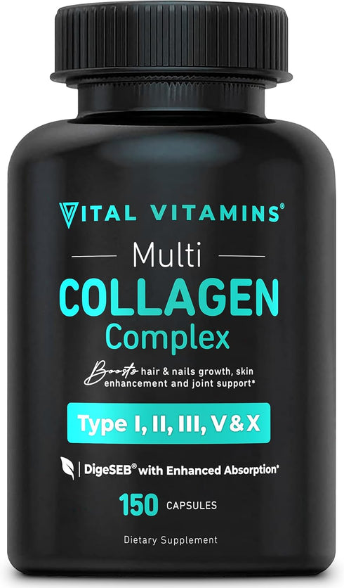 Vital Vitamins Multi Collagen for Women & Men, Type I, II, III, V, X, Grass Fed, Non-GMO, 150 Capsules
