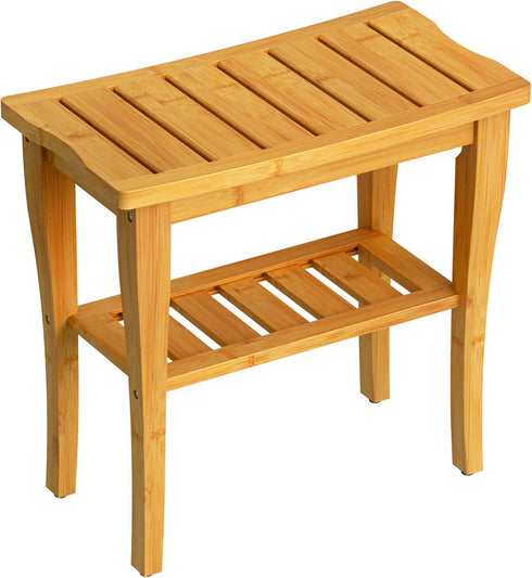 Bamboo Shower Bench Stool with Storage Shelf, Waterproof Shower Chair for Indoor or Outdoor Use, Bathroom Bench Seat