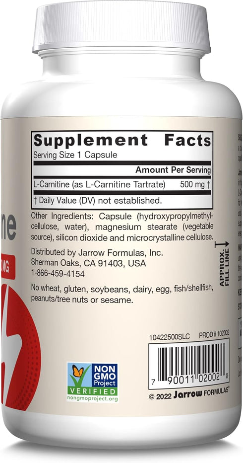 Jarrow Formulas L-Carnitine 500 mg, 100 Veggie Capsules for Cellular Energy Production, 100 Day Supply