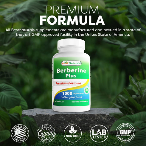 Best Naturals Berberine Plus 1000mg per Serving, Non-GMO, 60 Capsules with Vitamin C & Zinc Gluconate