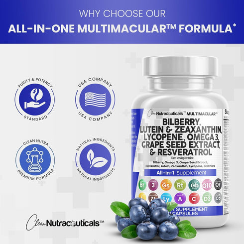Eye Health Vitamins with Bilberry 6000mg, Lutein & Zeaxanthin 40mg, Omega 3 4000mg - 60 Capsules