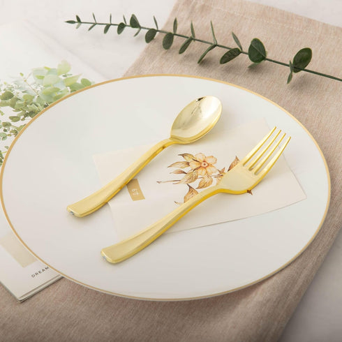 N9R 100 Pieces Gold Plastic Silverware Set, 50 Gold Spoons and 50 Forks for Parties, Catering, Weddings