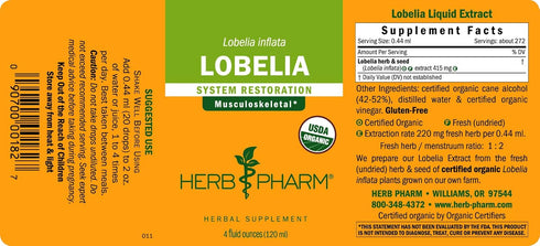 Herb Pharm Certified Organic Lobelia Liquid Extract, 4 Ounce, Musculoskeletal System Support
