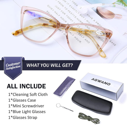 AQWANO Stylish Cat Eye Computer Reading Glasses for Women, Oversized Blue Light Block Eyeglasses (Champagne 1.0)