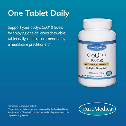 Euromedica CoQ10 Chewable, 100 mg for Energy, Antioxidant & Cognitive Health - 30 Tablets
