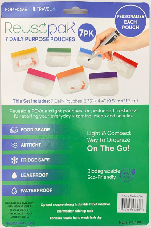 REUSAPAK 7 Set Piece Zipper Pill Pouch Organizers, Daily Purpose & Travel, Color-Coded Vitamin & Medicine Bags, Air