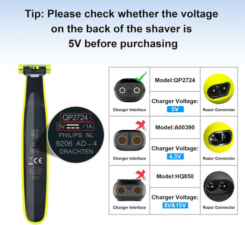 Philips Norelco One Blade Cord QP2724 Charger for OneBlade 360 QP2834 MG5910 MG7910 MG9510 X5006