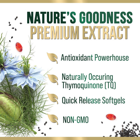 Black Seed Oil Softgels 1000mg, Premium Nigella Sativa Blackseed for Skin & Immune Support, Non-GMO, 180 Softgels