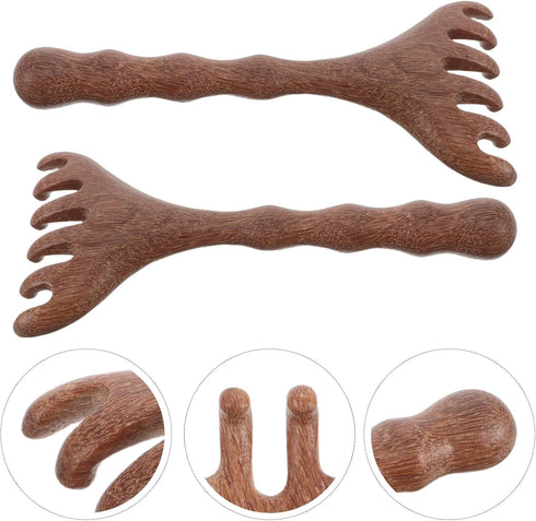 HAKIDZEL 2pcs Wooden Head and Neck Gua Sha Massager Comb, Manual Scalp Massage Tool with Five-Prong Design