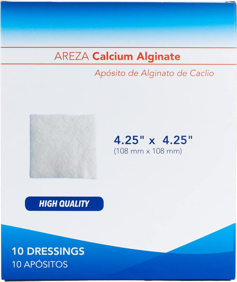 AREZA MEDICAL Calcium Alginate Wound Dressing Pads, 4.25" x 4.25", 10 Sterile Non-Stick Gauze Pads for Wound Care