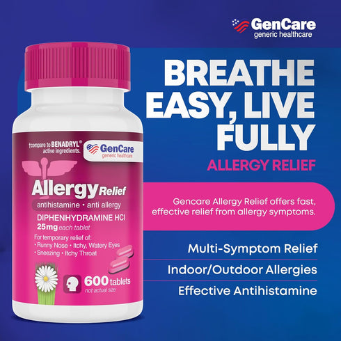 GenCare Allergy Relief Medicine, Antihistamine Diphenhydramine 25mg (600 Tablets) for Itchy Eyes, Sneezing