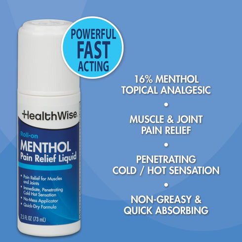 HealthWise 16% Menthol Roll-On, Cold Hot Sensation Pain Relief Liquid, Non-Greasy Formula, 2.5 oz.
