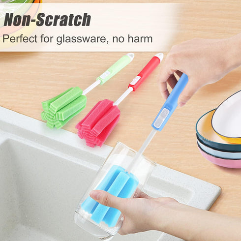 3 Pack Soft Foam Sponge Cleaning Brush Set, Adjustable Long Plastic Handle, Bottle Scrubber for Home Kitchen