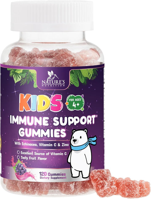 Immune Support Gummies for Kids & Toddlers, 120 Gummies, with Vitamin C, Zinc & Echinacea, Natural Berry Flavor