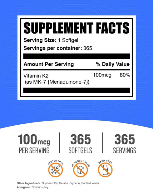 K2 K2 MK7, 1 365 Count (Pack 1) BulkSupplements.com Vitamin Softgels - Vitamin Vitamin Supplements - Gluten Free