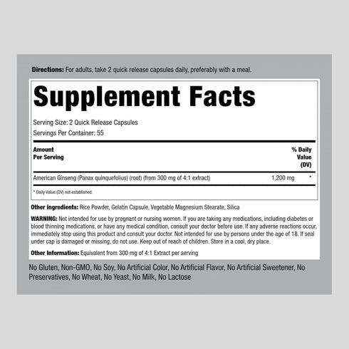 Piping Rock American Ginseng | 1200 mg | 110 Capsules | Non-GMO, Gluten Free Supplement
