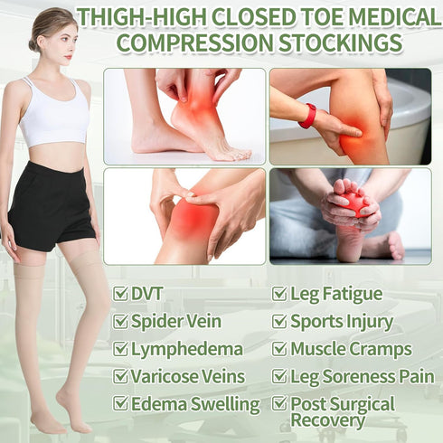 TP TOP BEAUTY 20-30mmHg Medical Thigh High Compression Stockings for Women & Men,Closed Toe Graduated Compression