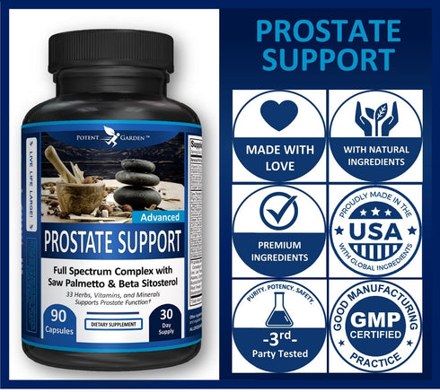Potent Garden Prostate Support, 33 Herbs Including Beta Sitosterol, Pygeum, Saw Palmetto for Men, 90 Caps