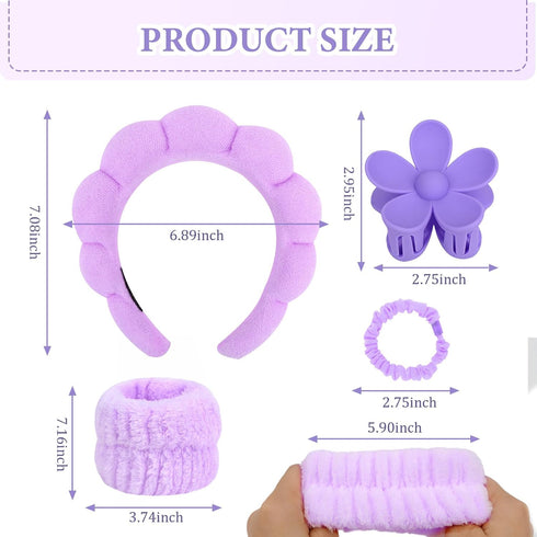 YISSION Purple Spa Headband & Wristband Set Skincare Headband & Wrist Bands for Washing Face Makeup Silk Hair Scrunchies Flower Hair Claw Clips Sponge Facial headband & wrist towels for Women Girls