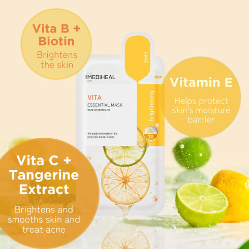 MEDIHEAL Vita Essential Face Mask - Best Korean Sheet Mask 10 Sheets for All Skin Types, Smoothing, Tightening,