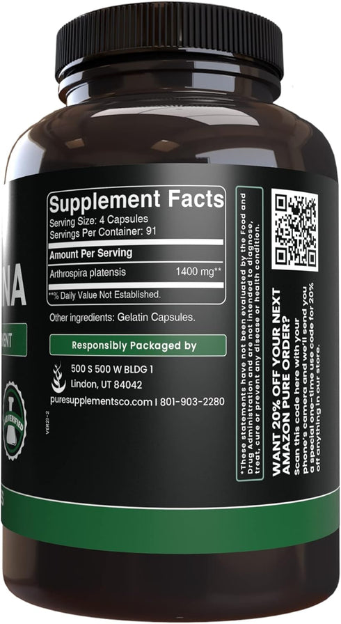 Pure Original Ingredients Spirulina (365 Capsules): No Fillers, Always Pure, Lab Verified