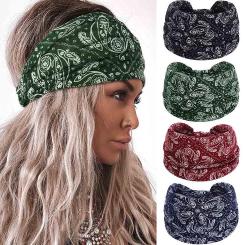 Wide Headbands for Women - Boho Turban Knotted Floral Elastic Non Slip Hairband Workout Yoga Head Scarfs 4Pcs