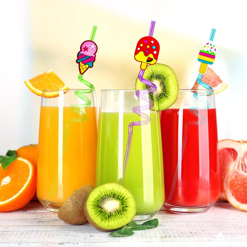 24PCS Reusable Ice Cream Drinking Straws for Kids Birthday Party Favors, Includes 2 PCS Cleaning Brushes (Ice Cream)
