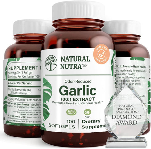 Natural Nutra Odorless Garlic Oil Supplement - Organic Pills for Heart Health, Skin Health - 500mg, 100 Softgels