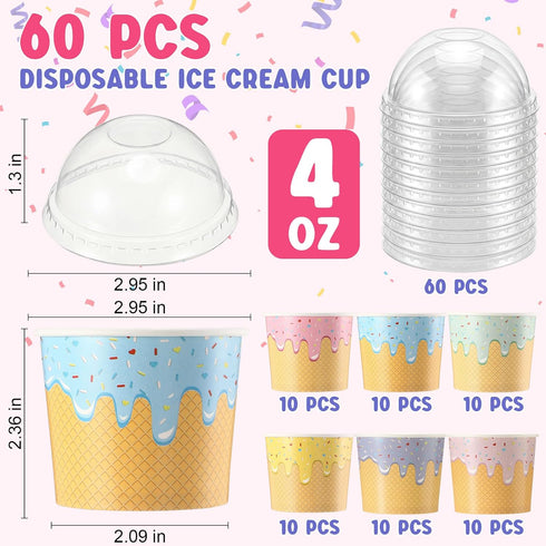 Jingmore 60 Pack 4 oz 5 Summer Ice Cream Paper Cups with Lids Disposable Ice Cream Bowls Paper Treat Dessert Cups Color