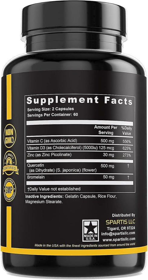 SPARTIS Zinc Quercetin 500mg Supplement with Vitamin C, D3, Bromelain - Immune Support, 120-Caps, 1 Bottle