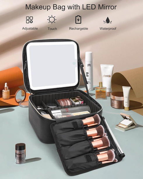 Relavel Makeup Bag with Light Up Mirror, Travel Cosmetic Organizer, Rechargeable Vanity Mirror with 3 Color Lights