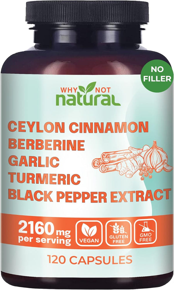 5-in-1 Organic Ceylon Cinnamon Capsules with Berberine, Garlic, Turmeric, Black Pepper Extract (120 Capsules)