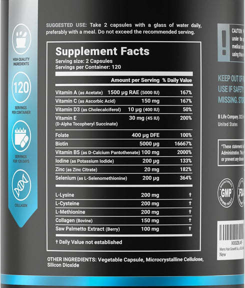 Men's Hair Supplement with Biotin, Selenium, Zinc, Collagen, Vitamins A, C, E, B5 and D3 | 240 Caps - 120 Days | Hair Growth and Strength | Made in USA by B Life. (Mens Hair USA)