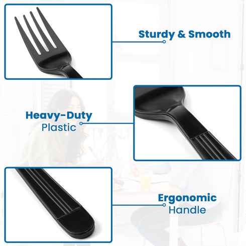 50 ct Black Plastic Utensils Set, Heavy Duty Disposable Cutlery Pack with Wrapped Napkin and Salt/Pepper