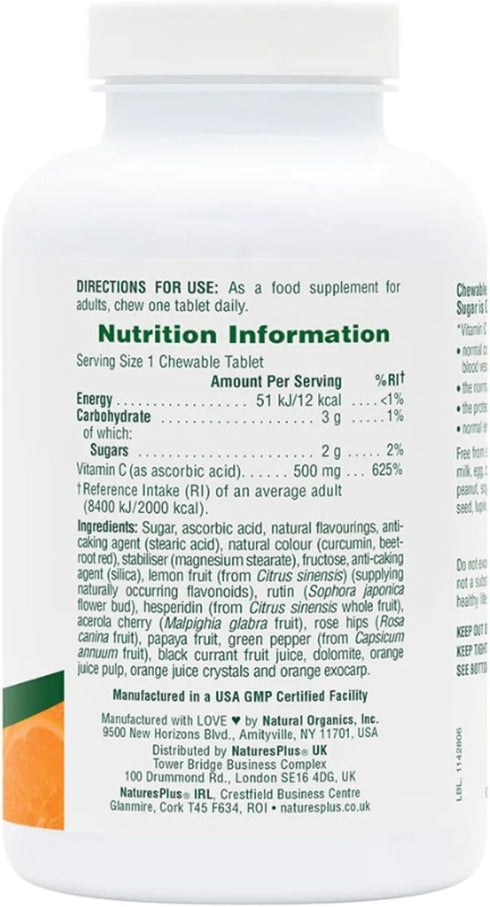 Natures Plus Orange Juice Chewable Vitamin C - 500 mg, 90 Tablets - Immune & Vascular Health Support Supplement