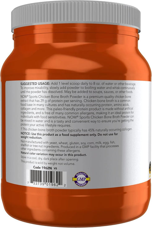 NOW Foods Sports Nutrition Chicken Bone Broth Powder, 1.2-Pound, Premium-Quality Extract