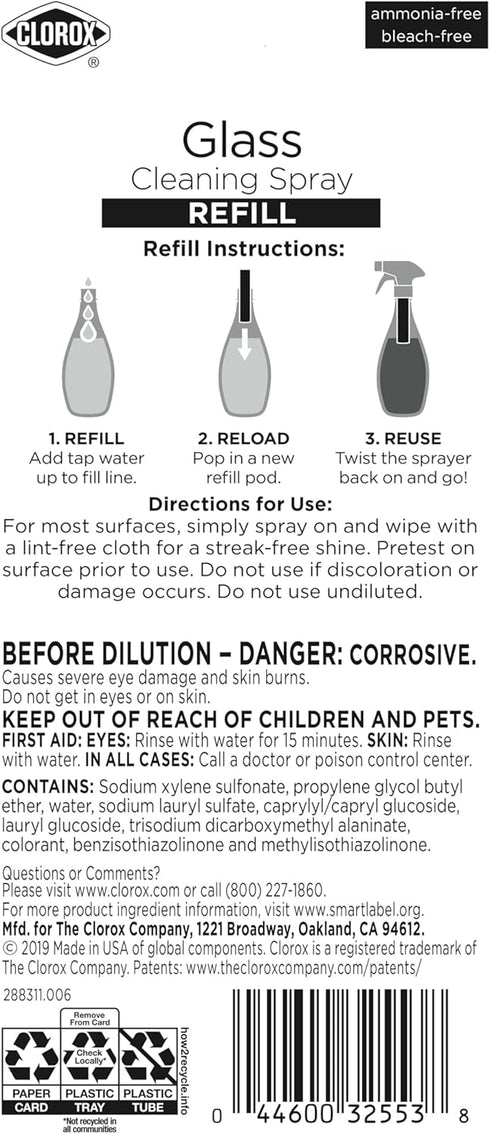 Clorox Glass Cleaner Refill Cartridge, 2 Piece Set, 0.66 Fl Oz, for Reusable Spray Bottle, Household Essentials