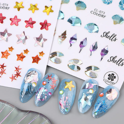 Sea Animals Nail Art Adhesive Sticker, 3D Self-Adhesive Decals, Holographic Shell Fish Jellyfish Decoration