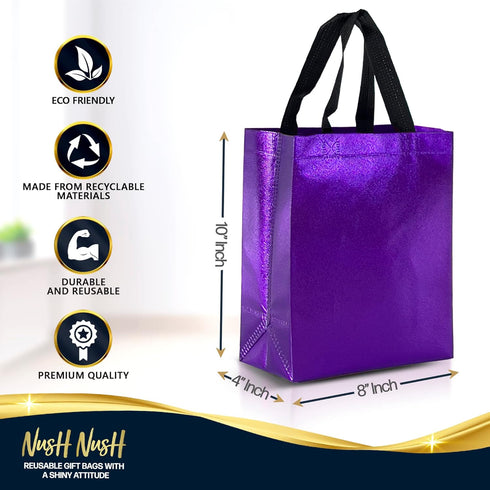 Nush Nush Purple Reusable Gift Bags, Medium Size Set of 12 with Handles, Birthday Party Favor Goody Bags