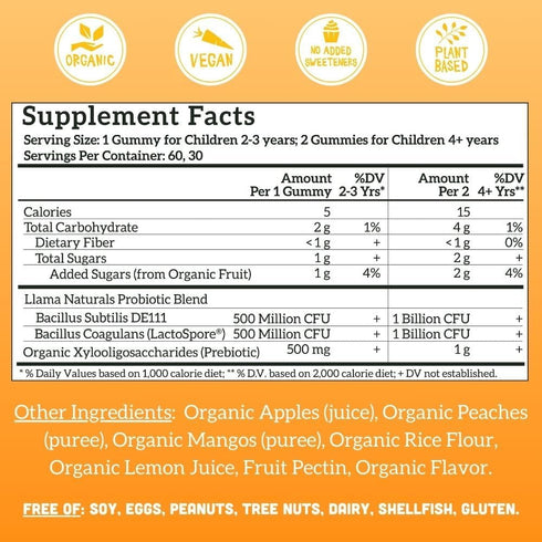 Llama Naturals Kids Probiotic with Prebiotic Fiber, Vegan Organic Gummies for Gut Health Support (60 Ct)