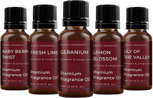 Pack 5x10ml Mystic Moments | Spring Fragrant Oil Gift Starter | Baby Berry Twist, Fresh Linen, Geranium, Lemon Blossom