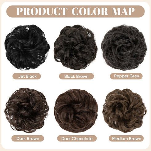 SARLA 2PCS Messy Hair Bun Pieces Wavy Curly Synthetic Updo Scrunchies Ponytail Extension (Medium Brown)