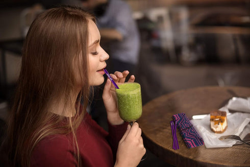 LAST STRAW Geometric Roll Bag Collection – Stainless Steel Purple Cocktail Straws and Brush in Rollbag